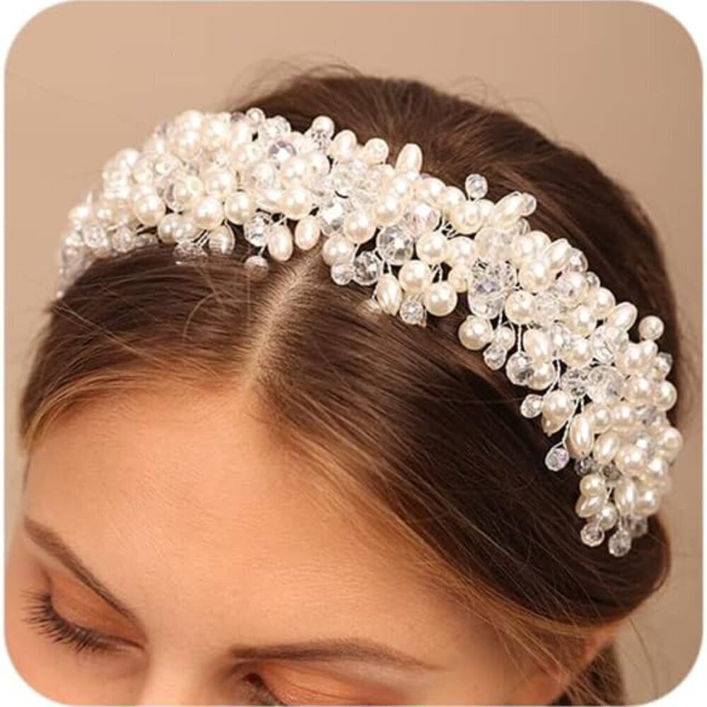 Floral Wedding Pearl Crystal Tiara Hair Crown Vintage Pearl Rhinestone Headband